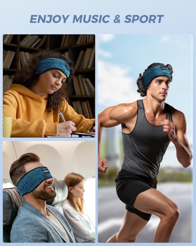 LC-dolida Boho Sleep Headphones Headband, Over Ear Bluetooth Headphones Wireless Womens Headbands, Wireless Earphones Sweat Resistant Band Music Sleeping Eye Mask Earbuds for Sports Unique Gifts - color: Beige Blue