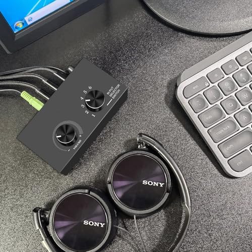 6-Way Audio Switcher, 3.5mm (1/8") Stereo Audio Switcher, Plug & Play Compatible with PC, Laptop, MP3, MP4, Headphone, Game System ect. (6 in-1 Out)