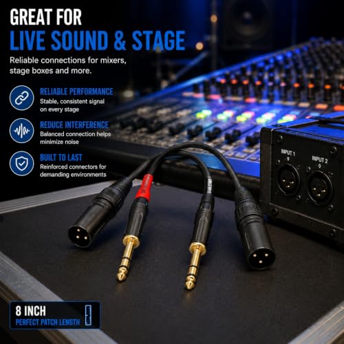 Sam&Johnny XLR to 1/4 Balanced Cable 2-Pack 1FT, Gold Plated TRS Male to XLR Male Patch Cable for Audio Interface, Studio Monitor, Mixer, Amplifier