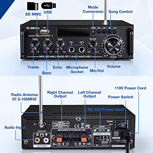 298Pro Stereo Audio Amplifier, MIC in w/Echo, Bass & Treble w/USB/RCA/FM | Max 400W Home 2 Channel Bluetooth 5.0 Wireless Power Amplifier, HiFi Sound Home Theater Audio System Home Stereo Receiver - style: MAX 400Wx2