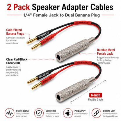 Speaker Cable - 1/4 Inch to Banana Plug Adapter Cable (6-inch) - Gold Plated Audio Connector for Amplifiers, DJ Equipment & Studio Speakers(2-Pack)