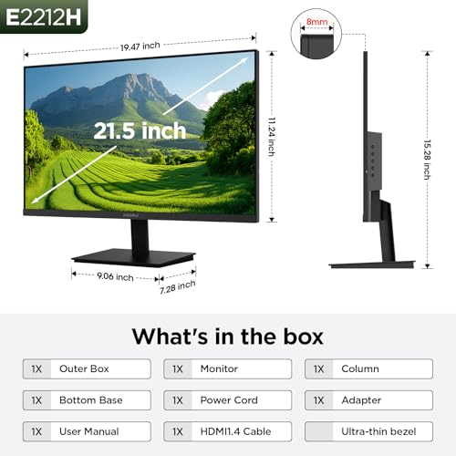 KOORUI 22 Inch Computer Monitor FHD 120Hz VA VESA Low Blue Light, E2212H | Adaptive Sync, 4000:1 Contrast Ratio, Ultra-Slim Display, HDMI 1.4/VGA, Tilt Adjust, Compact for Dorms, Study and Office - size: 22