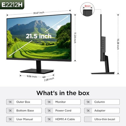 KOORUI 22 Inch Computer Monitor FHD 120Hz VA VESA Low Blue Light, E2212H | Adaptive Sync, 4000:1 Contrast Ratio, Ultra-Slim Display, HDMI 1.4/VGA, Tilt Adjust, Compact for Dorms, Study and Office - size: 22