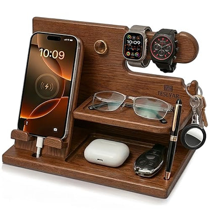 TESLYAR Wood Phone Docking Station for Men - Desk or Nightstand Organizer - Birthday Gifts for Husband or Dad - Anniversary Idea from Wife - Key Holder, Stand Wallet, Watch & Essentials (Earth Beige) | Mens Bedside Organiser with Key Holder, Wallet & Watc