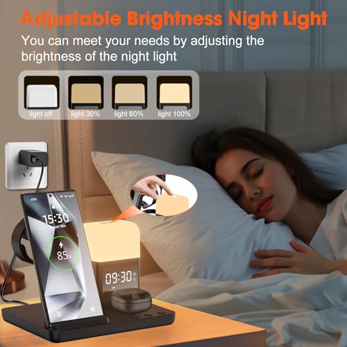 Wireless Charger for Samsung/Android Charging Station, 6 in 1 Fast Watch Charger with Alarm Clock-Night Light, Compatible for Galaxy S25 Ultra/S24, Only for Samsung Watch8/7, Galaxy Buds3 Pro(Black) - color: Black