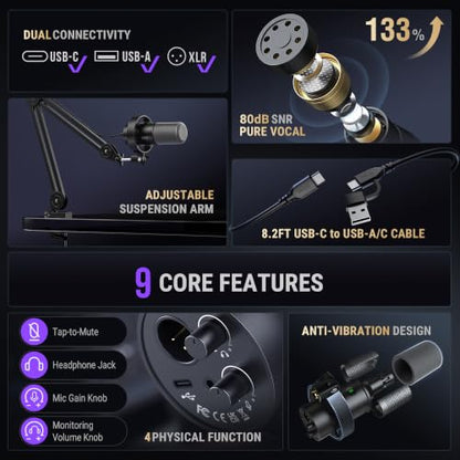 FIFINE AmpliTank K688T Dynamic Microphone Set, Podcast XLR/USB Mic | Studio Streaming Mic with Heavy Duty Boom Arm, Mute Tap, Headphone Jack, for Vocal Content Creation Recording, Metal Built - size: K688T Black