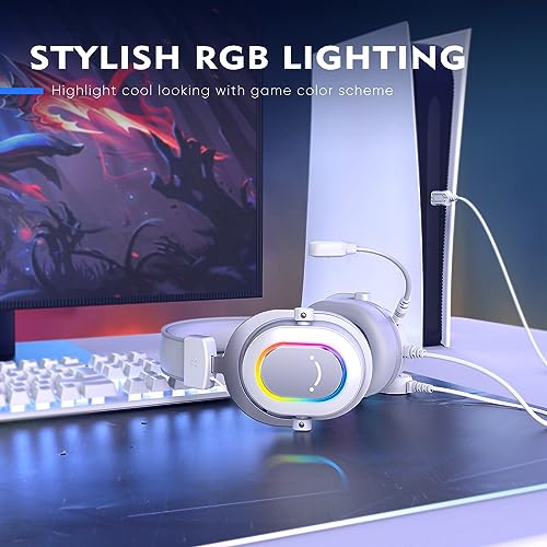 FIFINE H6W USB Gaming Headset,Wired Headphones with Mic for PC/Laptop/PS5 | Tuned 50mm Drivers, 7.1 Surround Sound, 3 EQ Modes, Soft Earmuff, Vibrant RGB, Handy In-line Control, for gaming/streaming - color: White