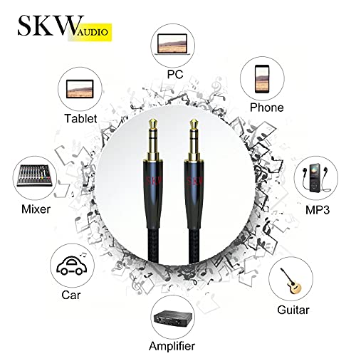 SKW Audiophile 3.5mm Stereo Aux Cable 3.2ft/1m, 1/8" TRS Hi-Fi Sound | Dual-shielded, gold-plated contacts, nylon-braided jacket, sturdy and durable, car & home stereo link, Hi-Fi stereo fidelity - color: Black-straight to straight, size: 3.2ft (1m)