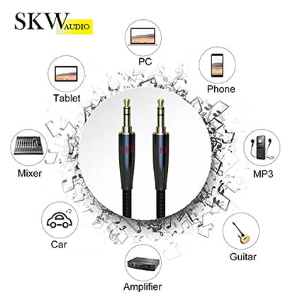 SKW Audiophile 3.5mm Stereo Aux Cable 3.2ft/1m, 1/8" TRS Hi-Fi Sound | Dual-shielded, gold-plated contacts, nylon-braided jacket, sturdy and durable, car & home stereo link, Hi-Fi stereo fidelity - color: Black-straight to straight, size: 3.2ft (1m)