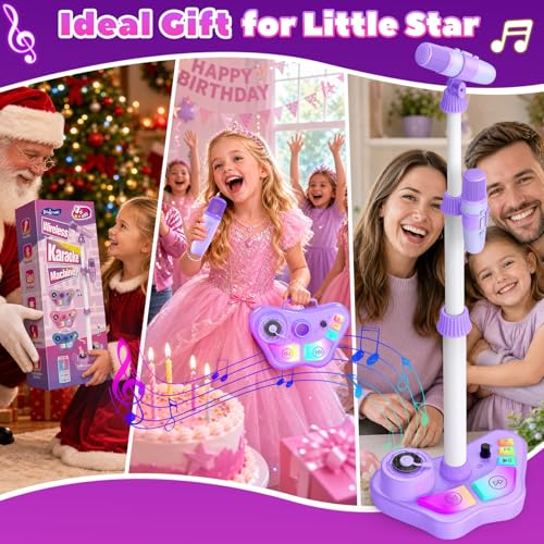 Kids Stand Rechargeable Karaoke Machine Toys with 2 Wireless Mic, Microphone Gifts for 3 4 5 6 7 8 Year Old Girls Grandkids, Bluetooth Speaker with LED Lights Birthday Gift for Age 3-8 - color: Purple