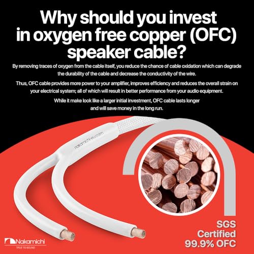Nakamichi 24k Gold Plated Banana Plugs with 14 AWG Speaker Cable 99.9% OFC | Oxygen-Free Copper, Excel Series, Heavy Duty Braided for Amplifier Receiver Hi-Fi Stereo Audio Wire - White (6 feet / 1.8m) - color: White (14 AWG), size: 6-Feet (1.8m)