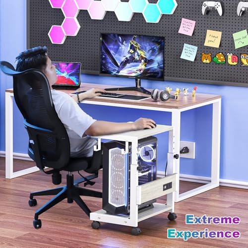 Computer Tower Stand with Charging Station, for Small and Mid-Tower PCs | Height Adjustable PC Stand with Wheel, CPU Holder with 2 AC Outlets + 2 USB Ports, 2-Tier Storage, Durable Metal Frame - color: White