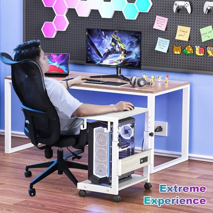 Computer Tower Stand with Charging Station, for Small and Mid-Tower PCs | Height Adjustable PC Stand with Wheel, CPU Holder with 2 AC Outlets + 2 USB Ports, 2-Tier Storage, Durable Metal Frame - color: White