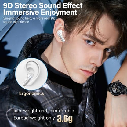 Wireless Earbuds, Bluetooth 5.3 Headphones HiFi Stereo 50H Playback LED Digital Display Ear Buds with ENC Noise Canceling Headset, IPX7 Waterproof Earphones for Gym/Running/Work（White） - color: White