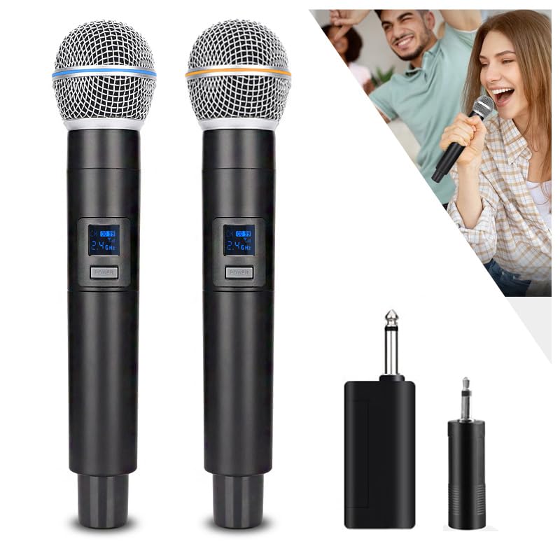 2.4G Wireless Microphone,Dual Microphones for Karaoke, Wireless Dynamic Microphone with Rechargeable Receiver,Plug and Play,Suitable for Speech, Wedding, Church, PA System (W58-2.4g)