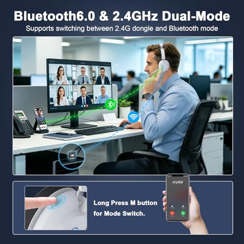 Bluetooth Headset with Microphone, Wireless Headset AI Noise Cancelling | Computer Headphone for Clear Call＆Meeting 47H Work, Dual-Mode Bluetooth 6.0 & 2.4GHz Dongle, Office/PC/Phone/Teams