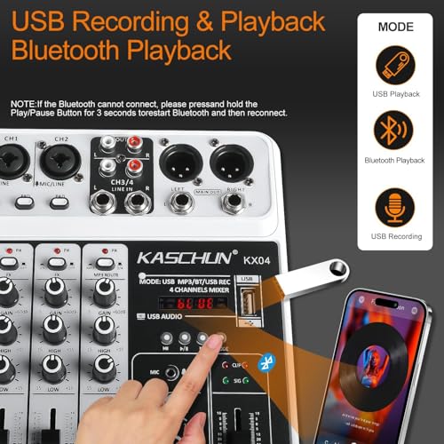4-Channel DJ Audio Mixer, Bluetooth Sound Board with USB MP3 Input | Compact Mixer Board with 48V Phantom Power, Monitoring, Effects, for Karaoke, Podcast, Live Stream, Home Recording & DJ