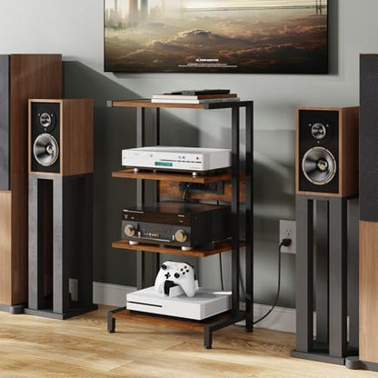 X-cosrack 16.5" Game Console Shelf, Small 4-Tier Video Gaming Consoles Stand with Outlet, Narrow Stereo Cabinet AV Media Stand, Corner Audio Rack for PS5,Xbox,Game Console,TV Box,WiFi Router - style: Outlet