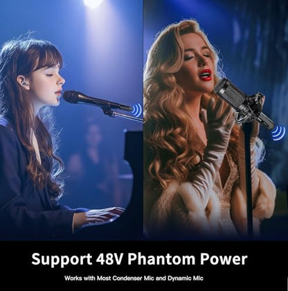 Wireless Microphone Transmitter Receiver 2.4GHz, Wireless Microphone Adapter Rechargeable XLR Transmitter Receiver for Mixer PA Speaker DSLR Camera, 48V Phantom Power for Condenser Mic