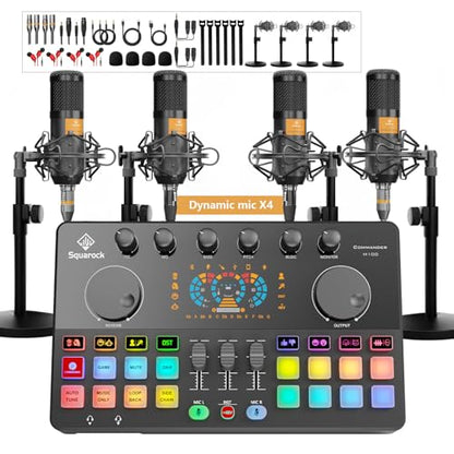 Podcast Equipment Bundle for 4, All-in-One Audio Mixer with Dynamic Micophones Noise Reduction for Live Streaming/Recording/Singing，PC,Smartphone，TikTok M100 3rd