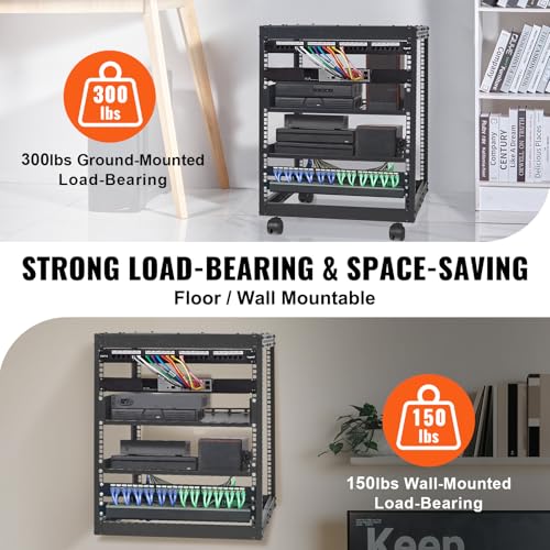 VEVOR 12U Open Frame Server Rack, 23-40 in Adjustable Depth, Free Standing or Wall Mount Network Server Rack, 4 Post AV Rack with Casters, Holds All Your Networking IT Equipment AV Gear Router Modem | Free Standing or Wall Mount, Heavy Duty 4 Post, with 4