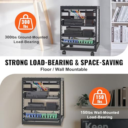 VEVOR 12U Open Frame Server Rack, 23-40 in Adjustable Depth, Free Standing or Wall Mount Network Server Rack, 4 Post AV Rack with Casters, Holds All Your Networking IT Equipment AV Gear Router Modem | Free Standing or Wall Mount, Heavy Duty 4 Post, with 4