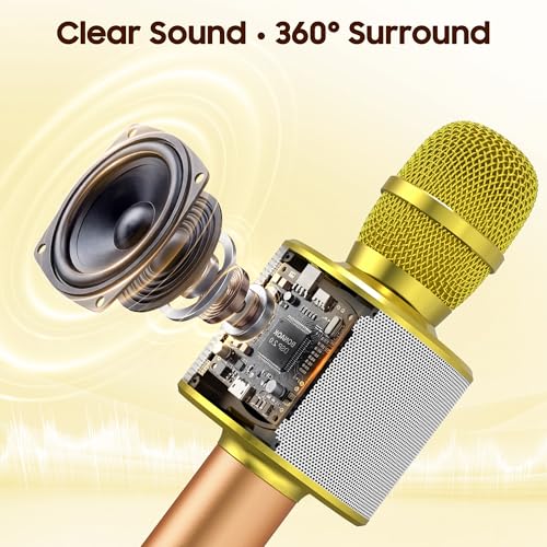 BONAOK Wireless Bluetooth Karaoke Microphone,3-in-1 Portable Handheld Karaoke Mic Speaker Machine Home Party Birthday for All Smartphones (Q37 Gold) - color: Gold