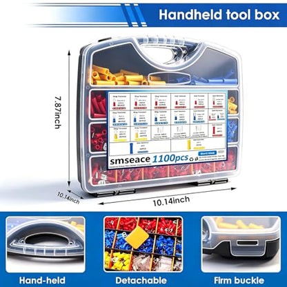 smseace 1100Pcs Wire Connectors Kit with Crimping Tool Packed in Handheld box 22-10AWG Insulated Wire Crimp Spade/Fork/Ring/Butt Electrical Speaker Wire Connector - size: 1100Pcs