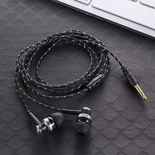 Black in-Ear Earbuds Stereo Tangle Free Braided Cable Cord Quality Sound High Bass Silicone Tips for iPod Zune MP3 Player 3.5mm Jack