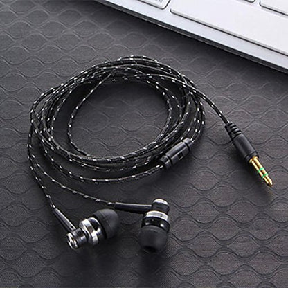 Black in-Ear Earbuds Stereo Tangle Free Braided Cable Cord Quality Sound High Bass Silicone Tips for iPod Zune MP3 Player 3.5mm Jack