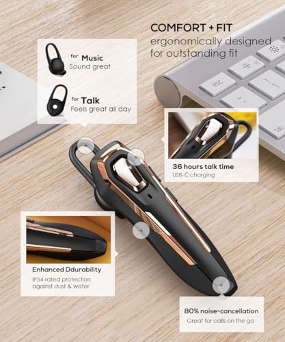 Single Ear Bluetooth Headset V5.4 36Hrs Talk Time, Bluetooth Earpiece | Noise Canceling Microphone, Hands-Free Wireless Headset for Driving/Office/Business, Crystal Clear Calls, Lightweight (Gold)