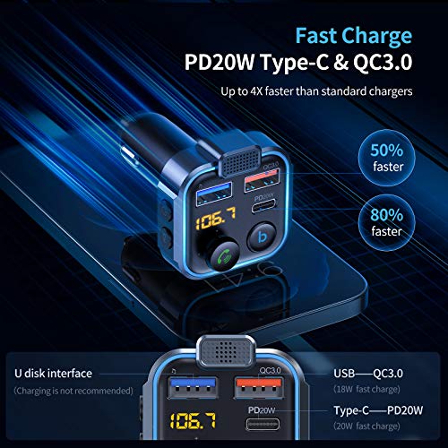UNBREAKcable Bluetooth 5.3 FM Transmitter for Car Radio Adapter Charger | PD 20W and QC 3.0 Fast Charge, HiFi Bass Sound, Strong Mic, Hands Free Calls, Siri and Google Voice Assistant - color: Blue