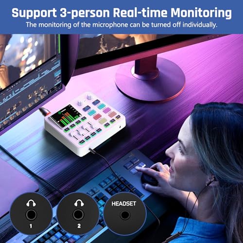 PUPGSIS Gaming Audio Mixer, Audio Interface for PC/Podcast/Streaming, Sound Board with 3.5mm/XLR Mic Input, 48V Phantom Power, Voice Changer, Live Sound Card with DJ Mixer Effects/Bluetooth(White) - color: White