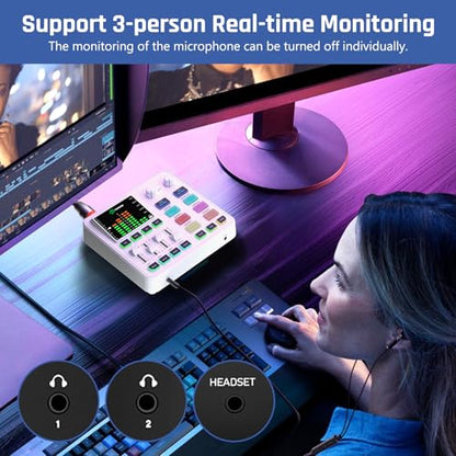 PUPGSIS Gaming Audio Mixer, Audio Interface for PC/Podcast/Streaming, Sound Board with 3.5mm/XLR Mic Input, 48V Phantom Power, Voice Changer, Live Sound Card with DJ Mixer Effects/Bluetooth(White) - color: White