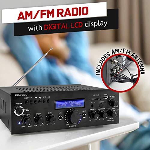 Pyle Wireless Bluetooth Home Power Amplifier - 200 Watt Audio Stereo Receiver w/USB Port, AUX in, FM Radio, 2 Karaoke Microphone Input, Remote - Home Entertainment System - Pyle PDA5BU.5