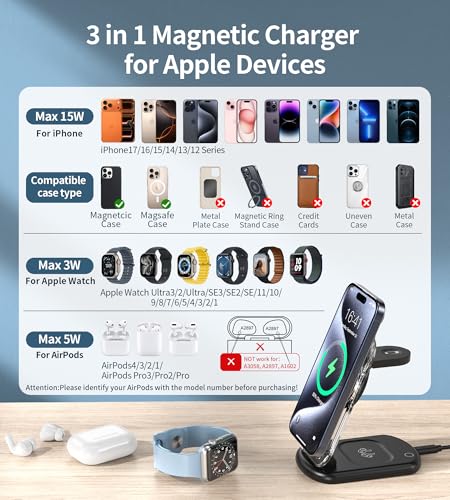 3 in 1 Magnetic Wireless Charging Station for Apple Devices | Fast Foldable Travel Charger Stand with Night Light for Mag-enabled iPhone 17 16 15 14 13 12 Series, Apple Watch/AirPods Pro - color: Upgraded Black