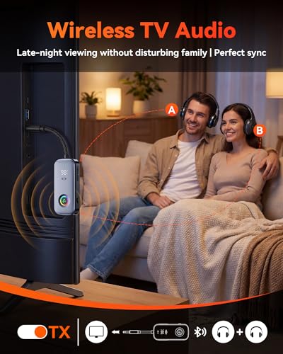 2026 Model 2-in-1 Bluetooth Transmitter Receiver, Low Latency Dual Link Audio Adapter with Battery Display/Built-in Mic, Compatible with TV/PC/Home Stereo/Car/Airplane