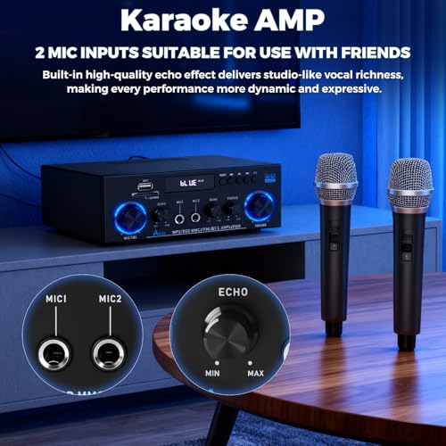 Romicta AK50 Stereo Audio Amplifier, 2 Channel 400W Bluetooth 5.0 Home Audio Stereo Receiver with FM, Echo, AUX, USB, SD, MIC Inputs, Power Amplifier for Passive Speakers and Active subwoofer