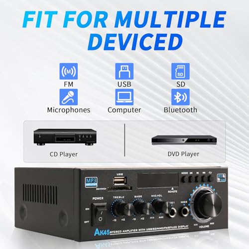 KG AK45 Home Audio Amplifier Receiver — Dual-Channel (Max 300W×2 / RMS 20Wx 2) Stereo Amplifier, Bluetooth 5.0 Speaker Amp, Supports FM Radio/USB/SD Card Playback, Includes Remote Control - size: 600W 2-Channel