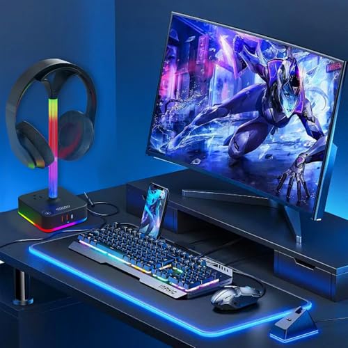 RGB Headphone Stand with Charger 3 USB Ports and 2 AC Outlets,2 USB-A 1 Type C,Desk Gaming Headset Holder with 9 Light Modes,PC Gaming Desk Accessories,Gamer Gifts,RGB Gaming Stuff Headset Stand | 9 Light Modes:7 Static & 3 RGB Dynamic Lights; 2 AC,2 USB-