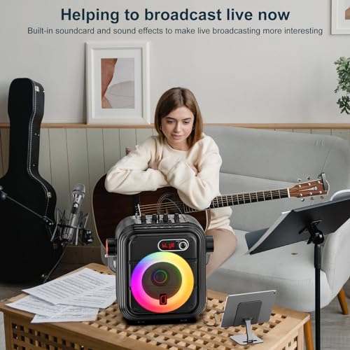 JYX Karaoke Machine with 2 Wireless Microphones, Portable Bluetooth Speaker PA System with Shoulder Strap, RGB Lights, Subwoofer Support TWS, USB, Radio, AUX, REC, Bass&Treble for Home Party/Adults - color: Glossy Black