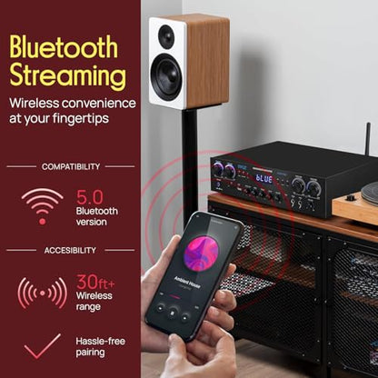 Pyle Home Stereo Receiver with Bluetooth - 4 Channel Amplifier, 800 Watt Max, USB-A Input w MP3 Player, Easy Karaoke Setup with Mic Vol, Reverb and Delay, RCA in/Out, SD Card, FM Radio - PDA77BU