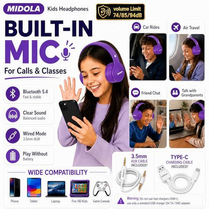 Kids Bluetooth Headphones Wireless 68 Hours,Safe Volume Limit 85/94dB | Adjustable Headband Foldable Over-Ear Lightweight Headsets for Toddler Girls Boys Tablet/iPad,HD Stereo,Built-in Mic,Purple - color: Purple