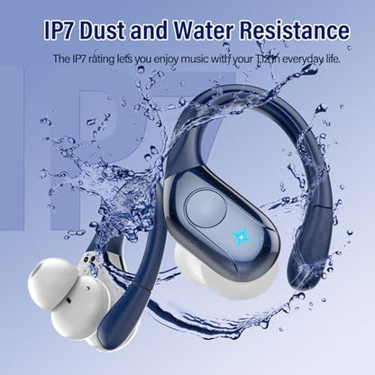 75H Sports Wireless Earbuds Bluetooth 5.4 Headphones Stereo, Dark Blue | Over Ear Buds with Earhooks, LED Display Bluetooth Earbuds with 4 ENC Mic, IP7 Waterproof Earphone for Running