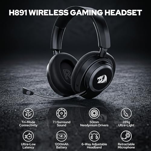 Redragon H891 Wireless Gaming Headset, Tri-Mode (2.4G/BT/Wired), 65H Battery, 50mm Drivers & 7.1 Surround Sound, Noise-Cancelling Retractable Mic, Compatible with PC, PS5, NS, Mac, Mobile