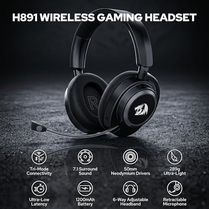 Redragon H891 Wireless Gaming Headset, Tri-Mode (2.4G/BT/Wired), 65H Battery, 50mm Drivers & 7.1 Surround Sound, Noise-Cancelling Retractable Mic, Compatible with PC, PS5, NS, Mac, Mobile