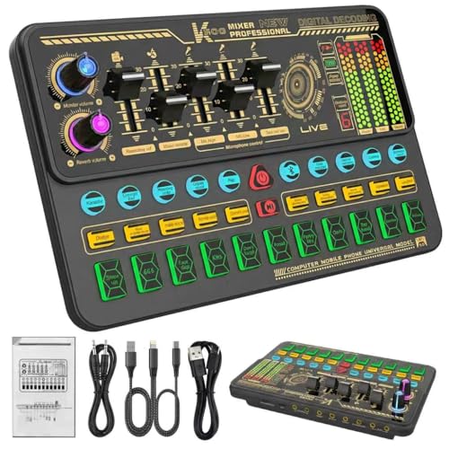 Audio Mixer With Effects, Live Sound Card with Volume Fader, Voice Changer, Sound Effects, for Karaoke, Streaming, Recording, Podcasting Sound Board for Kids, Gift, Game, PS5