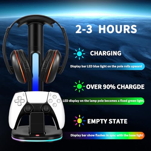 PS5 Controller Charging Dock with RGB Headphone Stand | 2-in-1, Dual USB Fast Charging Station, RGB LED Gaming Headset Stand, Multi-Functional Gaming Accessories