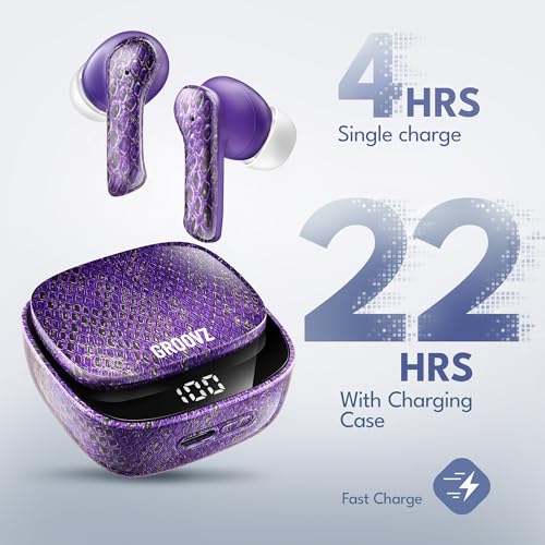 Groovz True Wireless Earbuds with Charging Case - Designed and Engineered in The USA - IPx4 Water Resistant Bluetooth Earbuds Compatible with Apple and Android - 27Hrs Battery Life - Purple Python - color: Purple