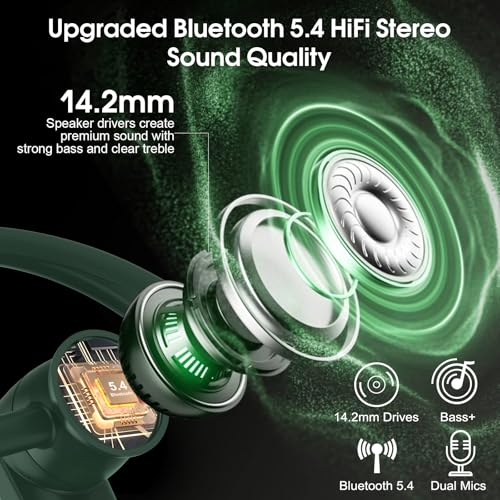 Bluetooth Headset, Wireless Bluetooth Earpiece with ENC Noise Canceling Mic, 120Hrs Talk Single-Ear Headphones, LED Display, IPX7, V5.4 Hand-Free Earphone for Business/Trucker/Driver (Dark Green)